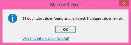 Duplicate Excel Cells Deleted Information Box