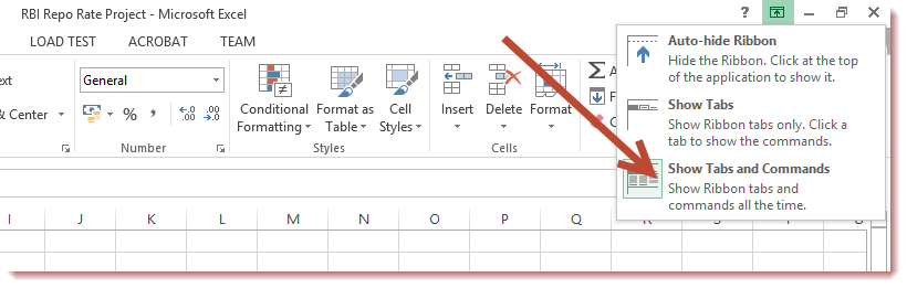 Making Excel Show Tabs Commands in Ribbon Interface